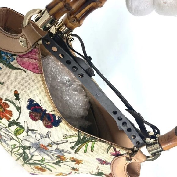 GUCCI 140203 Flora Bamboo Floral Flower Bag Tote Bag Hand Bag Canvas Multicolore - Picture 10 of 16